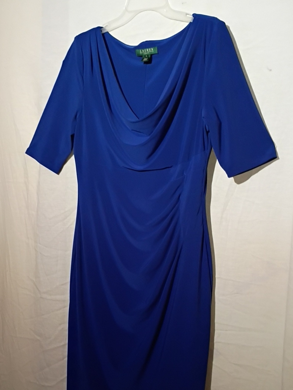 Lauren Ralph Lauren Cobalt Blue Draped Cowl Midi Dress, Ruched 14, NWOT